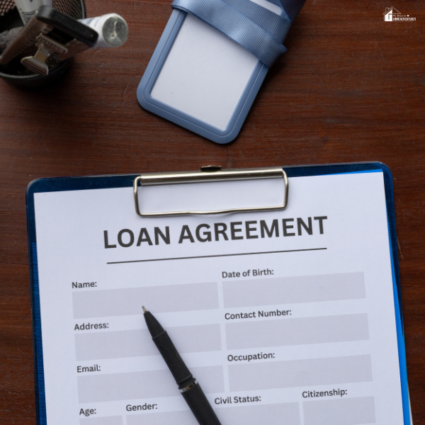 A loan agreement form and pen on a clipboard, symbolizing financial planning options for funding a luxury pool build.