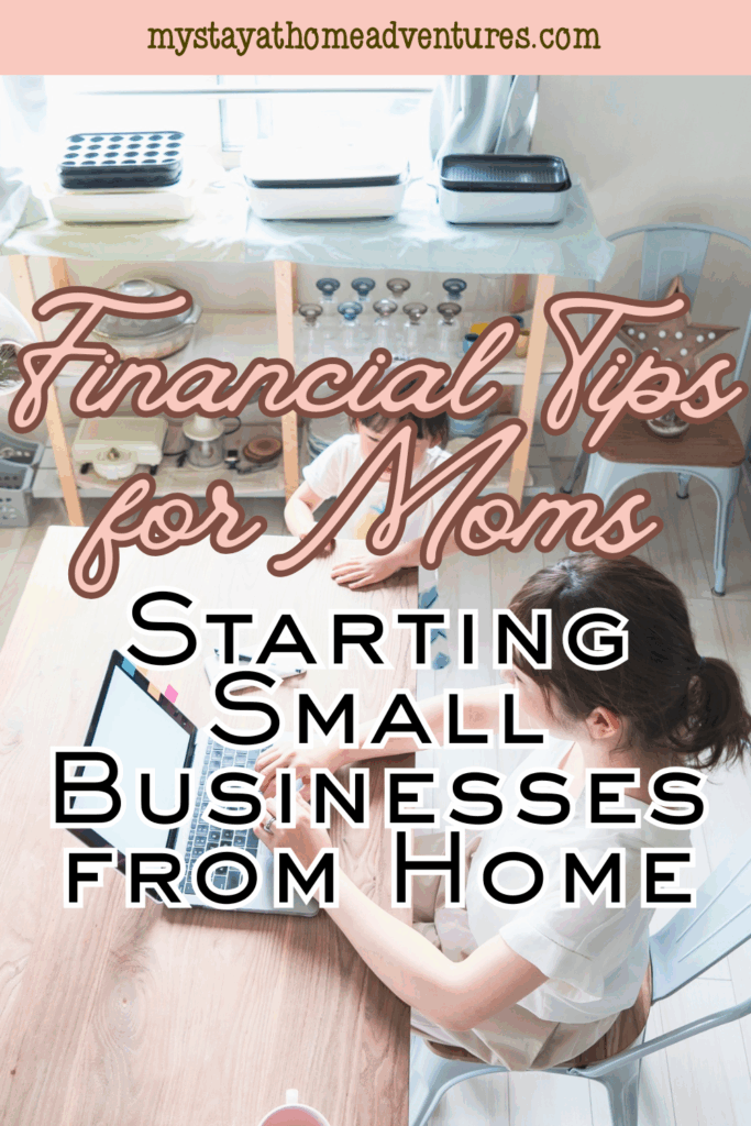 A woman types on a laptop at a home workspace, surrounded by small business supplies, reflecting the setup of a mompreneur.
