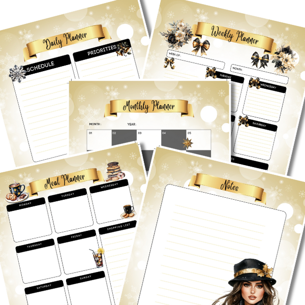 A gold and black Christmas-themed printable planner set featuring multiple pages, including a daily planner, weekly planner, monthly planner, meal planner, and notes page. Each sheet has festive winter designs such as bows, ornaments, snowflakes, and elegant illustrations, all arranged in a coordinated, stylish layout.