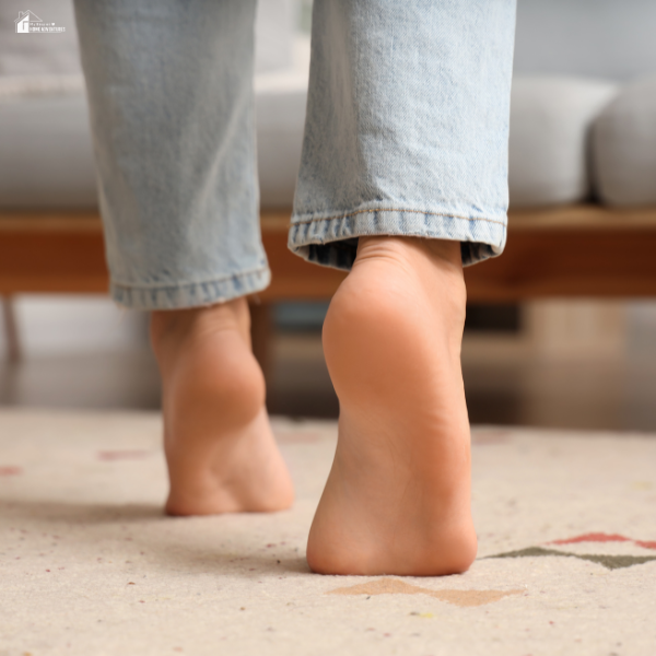 A person walking barefoot across a carpeted floor, showing close-up feet and legs.