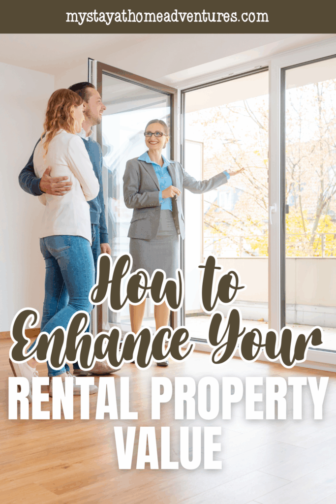 A real estate agent shows a bright, updated rental property to a happy couple, emphasizing improvements that increase value.