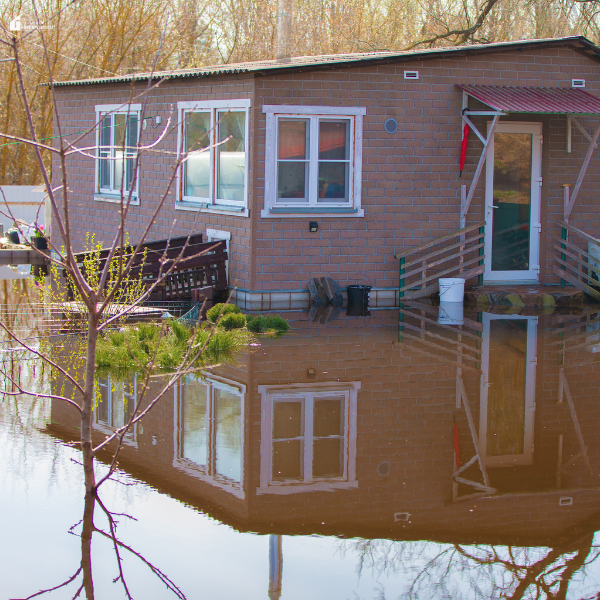 A single-story brick house surrounded by floodwater, showing the impact of severe flooding on residential property.