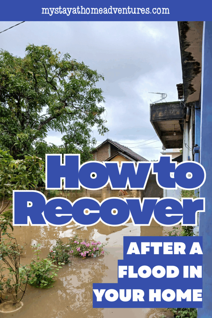 A front yard submerged in floodwater with flowers and trees partially underwater, reflecting the aftermath of a home flood.