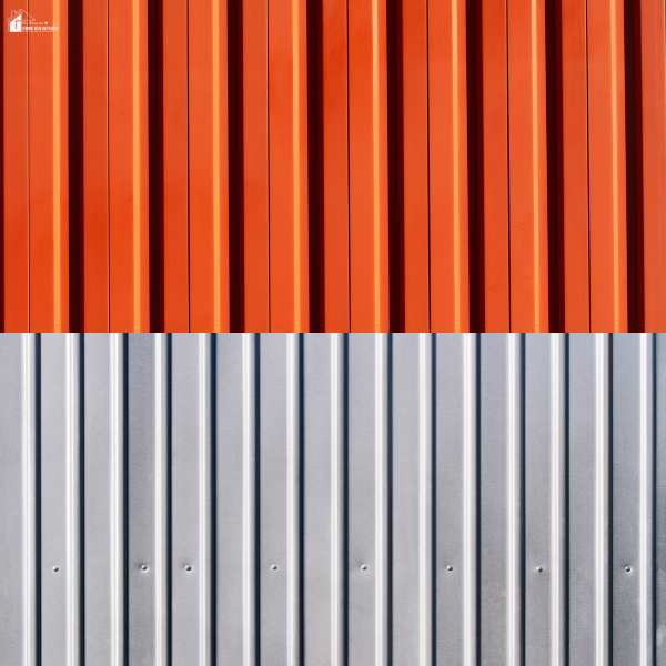 Close-up of two different steel siding textures in red and silver colors.
