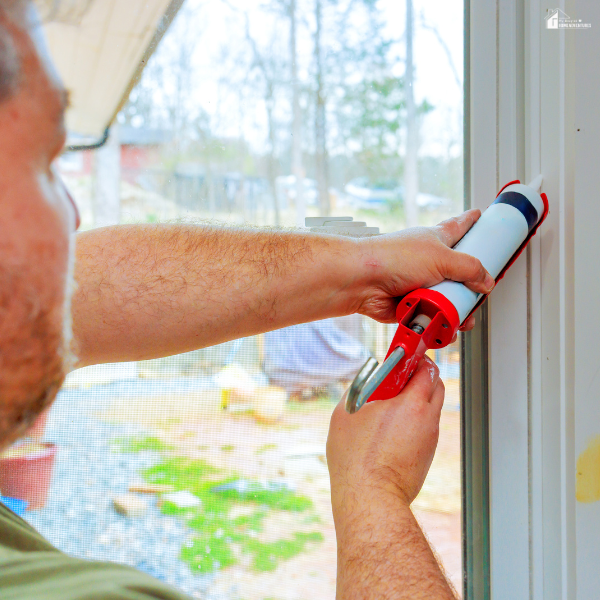 A person applying caulk around a window frame to seal air leaks, showing an important but often missed home maintenance task.