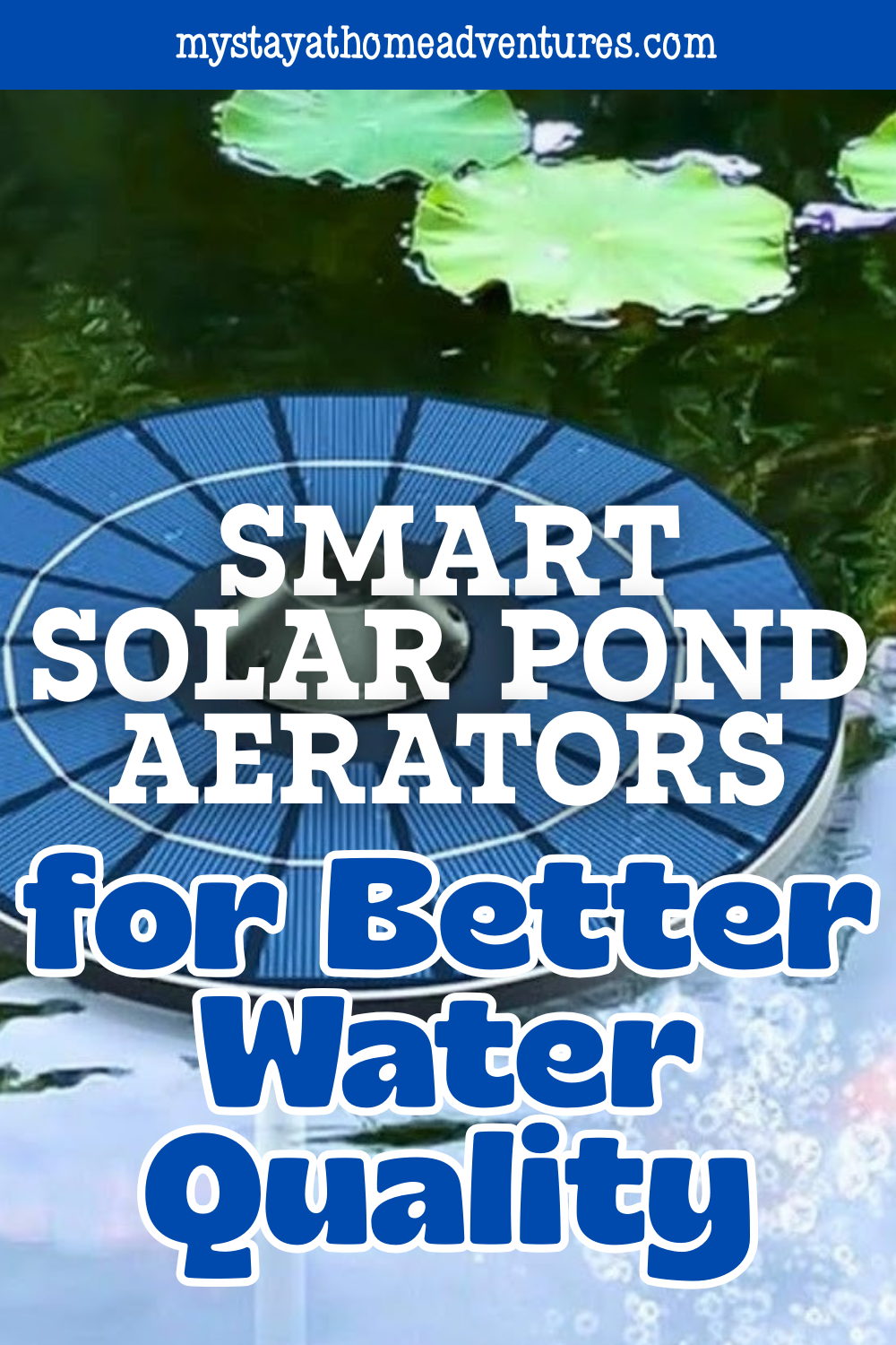 A solar aerator operates in a pond with lily pads and fish, promoting cleaner water through natural circulation.