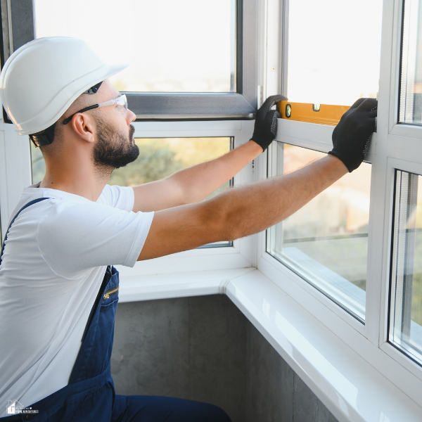 A worker checks window alignment, illustrating smart home maintenance steps that improve energy efficiency and reduce costs.