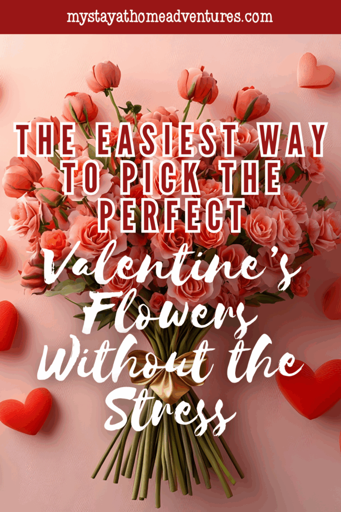 A bouquet of peachy-pink roses tied with a gold ribbon and surrounded by hearts, capturing the ease of choosing Valentine’s flowers thoughtfully.