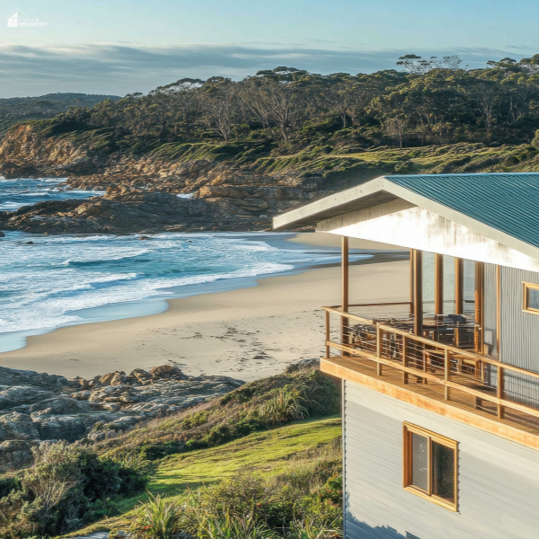 A beachfront house built near rocky shores, showing how sea air and moisture can affect building materials and systems.