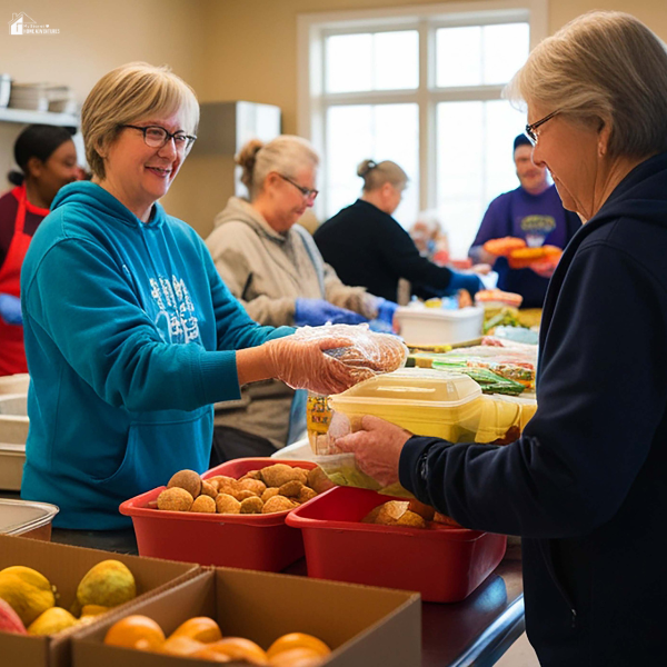 Volunteers distributing food at a local pantry, highlighting community support during economic hardship and food insecurity.