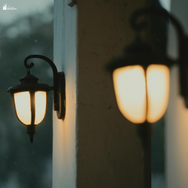 Outdoor wall lanterns exposed to rain, showing how moisture affects lighting fixtures over time.