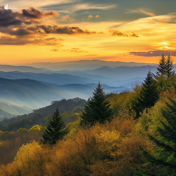 Golden sunset over the Smoky Mountains with layers of rolling hills and pine trees, perfect for a family nature getaway.