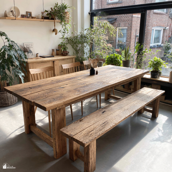 Upcycled wooden dining table and bench in a cozy home, showing a frugal mom’s approach to stylish and sustainable furniture.