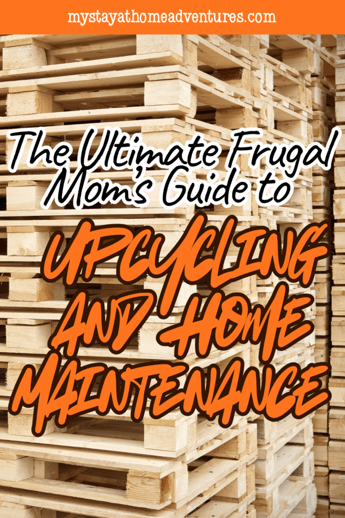 Stacked wood pallets symbolizing creative upcycling ideas featured in a frugal mom’s home improvement plan.