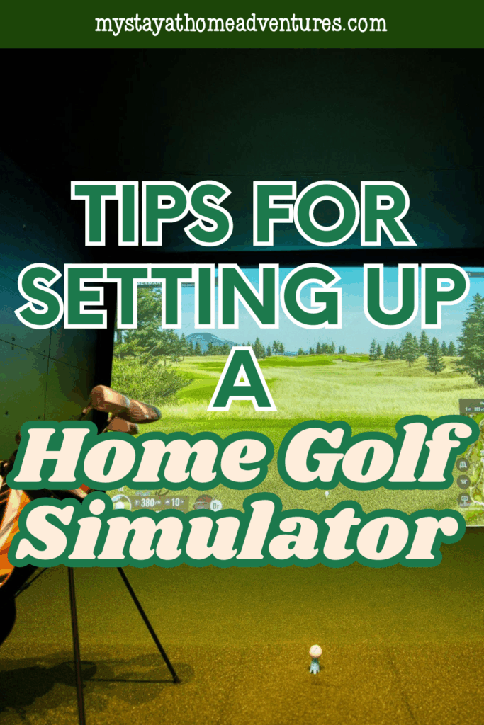 A home golf simulator setup showing a golf bag and tee in front of a large screen displaying a virtual golf course.