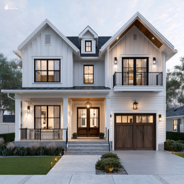 A stylish modern home exterior highlighting design elements to consider for boosting curb appeal.