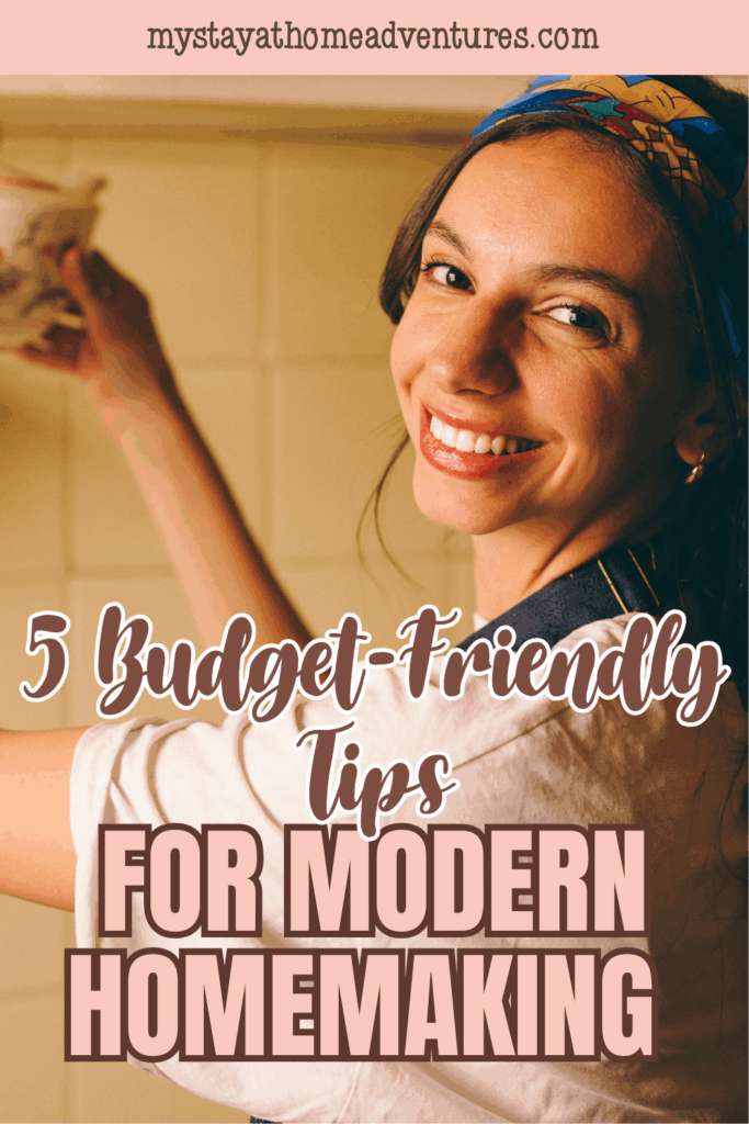 Smiling woman in the kitchen embracing cheerful, budget-friendly homemaking routines.