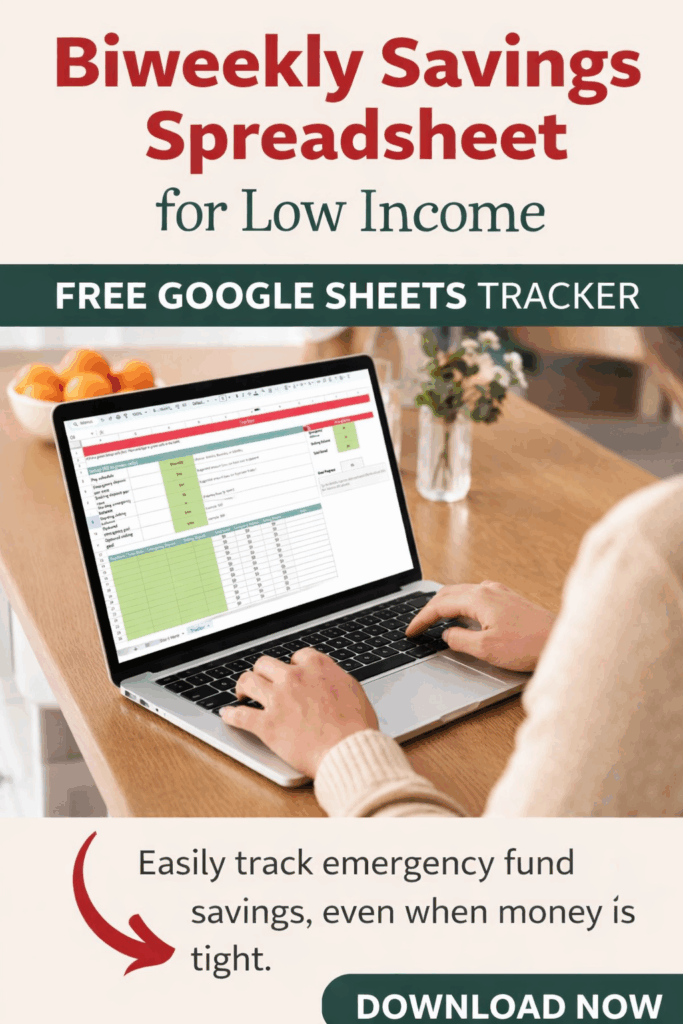 A Pinterest pin showing a biweekly savings spreadsheet for low income households on a laptop, highlighting a free Google Sheets tracker to help build emergency fund savings on a tight budget.