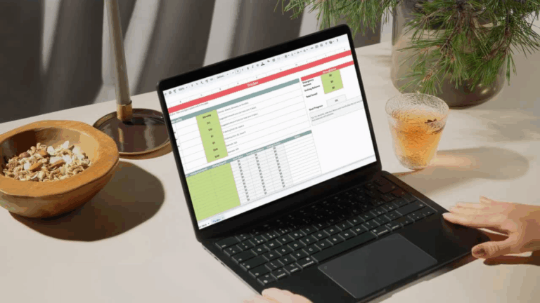 A person using a biweekly savings spreadsheet on a laptop at a kitchen table, tracking emergency and sinking fund balances as part of a low income savings plan.