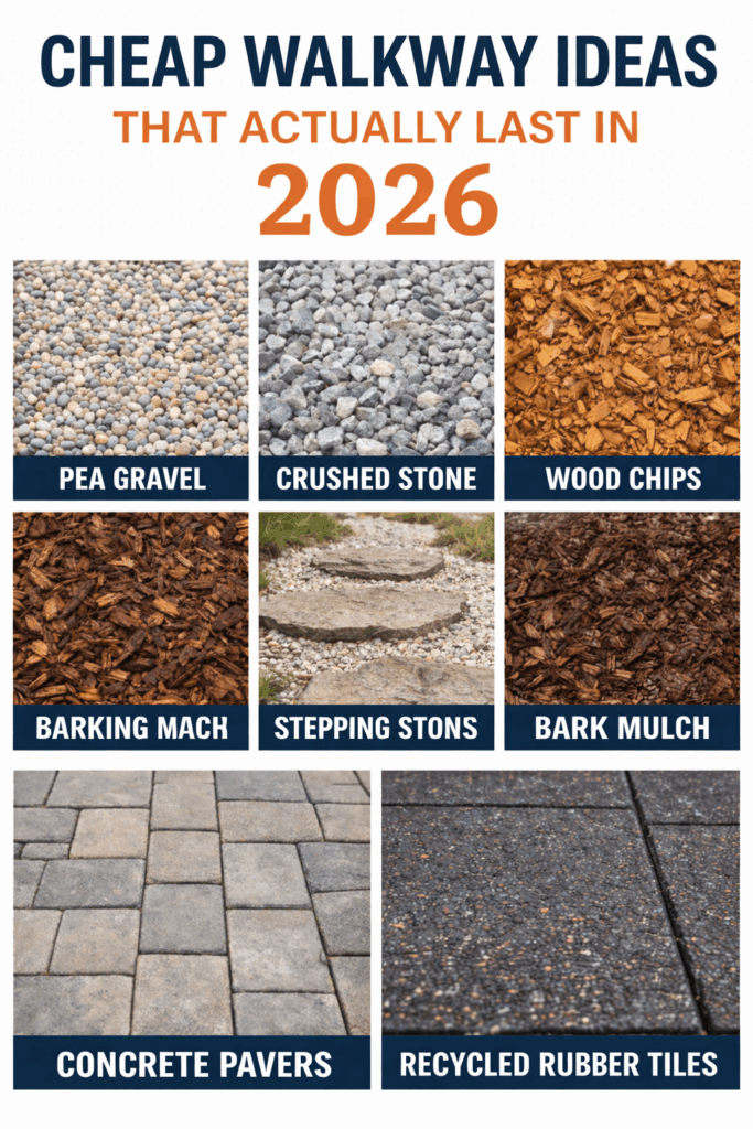 DIY budget walkway materials showing pea gravel, crushed stone, wood chips, bark mulch, stepping stones, concrete pavers, and recycled rubber tiles for low cost garden paths.