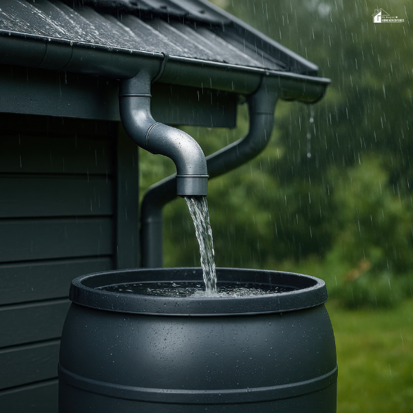 Rainwater is collected in a barrel from a roof gutter system, demonstrating an eco-friendly DIY project for urban homesteading at home.