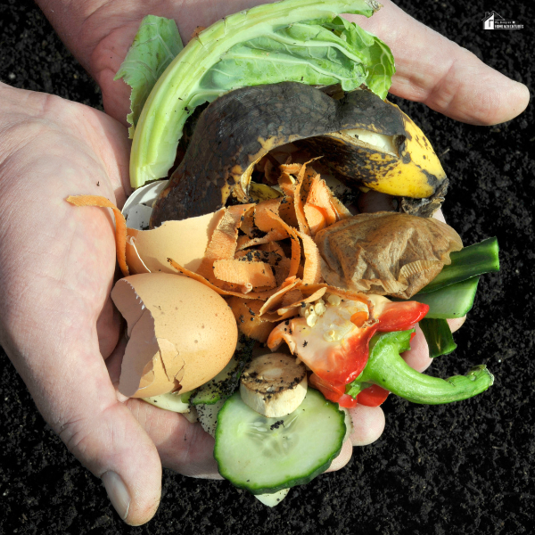 A pair of hands holds compostable kitchen scraps over soil, highlighting a sustainable living solution through composting in urban homesteads.