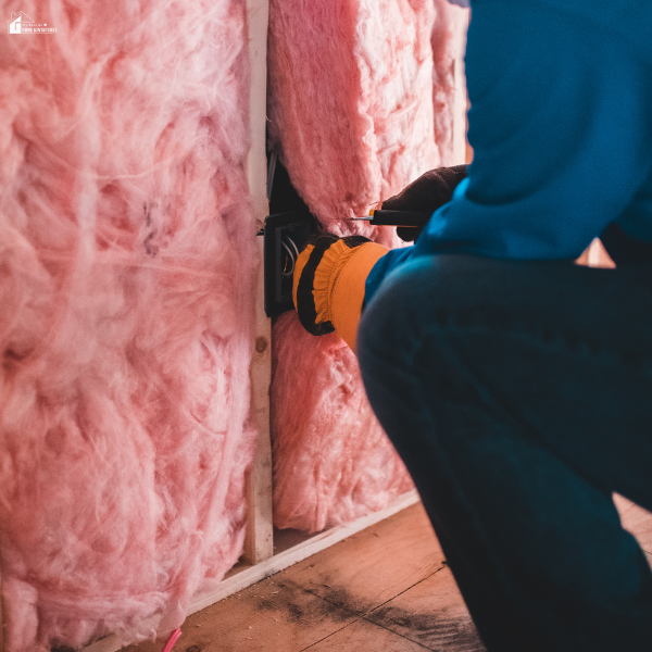 Worker installing fiberglass insulation in a wall cavity to prevent heat loss and boost home energy efficiency.