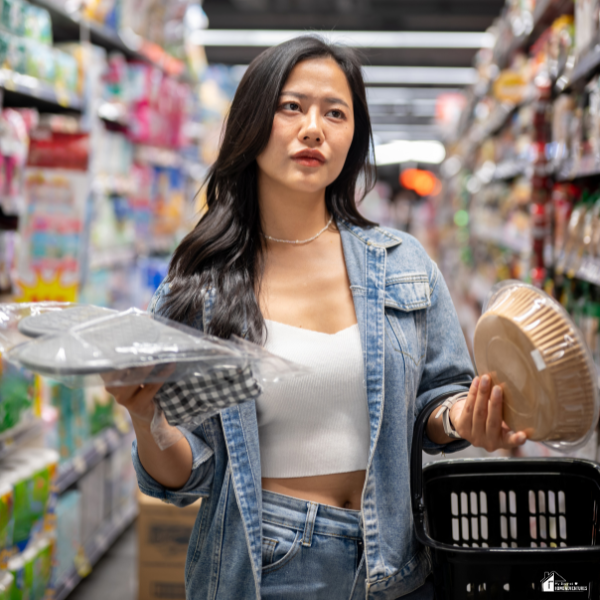 A shopper pauses in a store aisle while comparing household items, showing careful consideration before making a purchase on a limited budget.