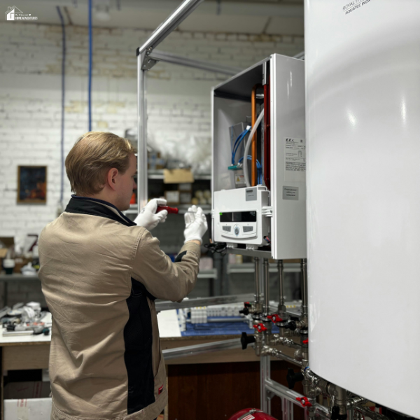 A maintenance professional examines the internal components of a commercial boiler system in an industrial workspace.