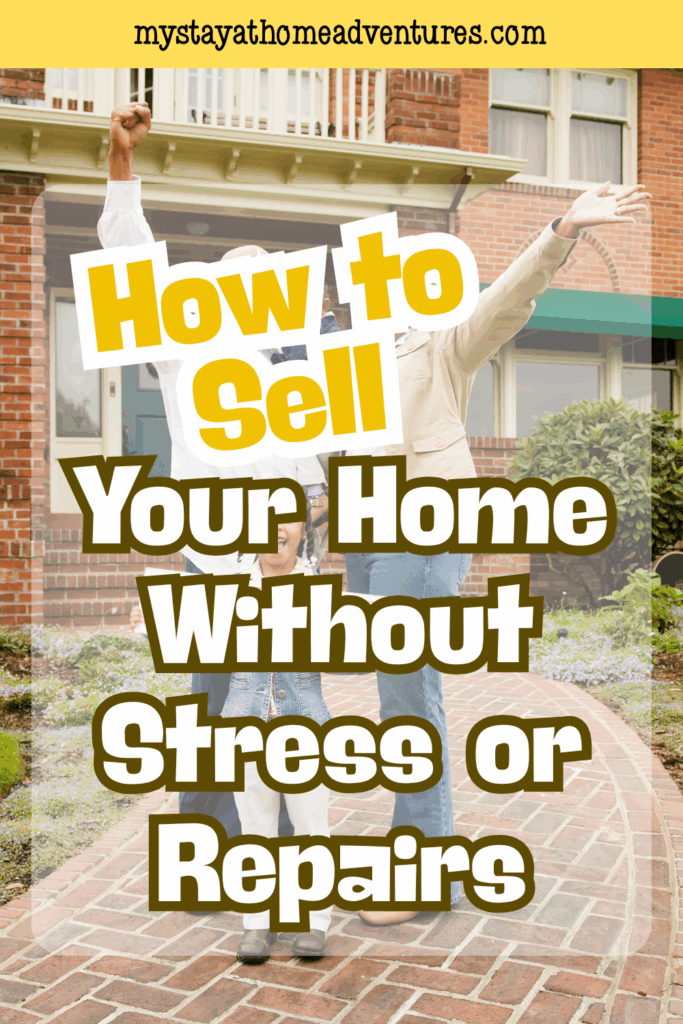 A happy family stands outside their home with raised arms, celebrating a stress-free home selling experience.