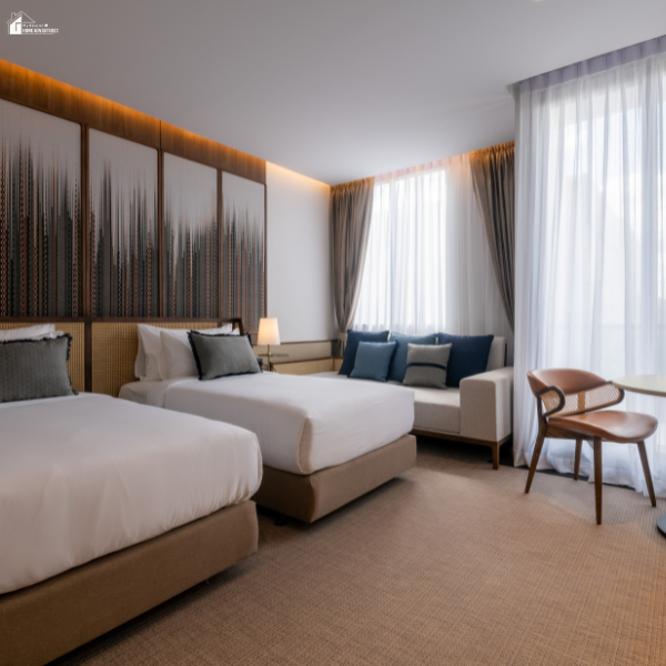 A quiet, modern hotel room in the Ozarks offering a peaceful alternative to Branson’s busy tourist spots.