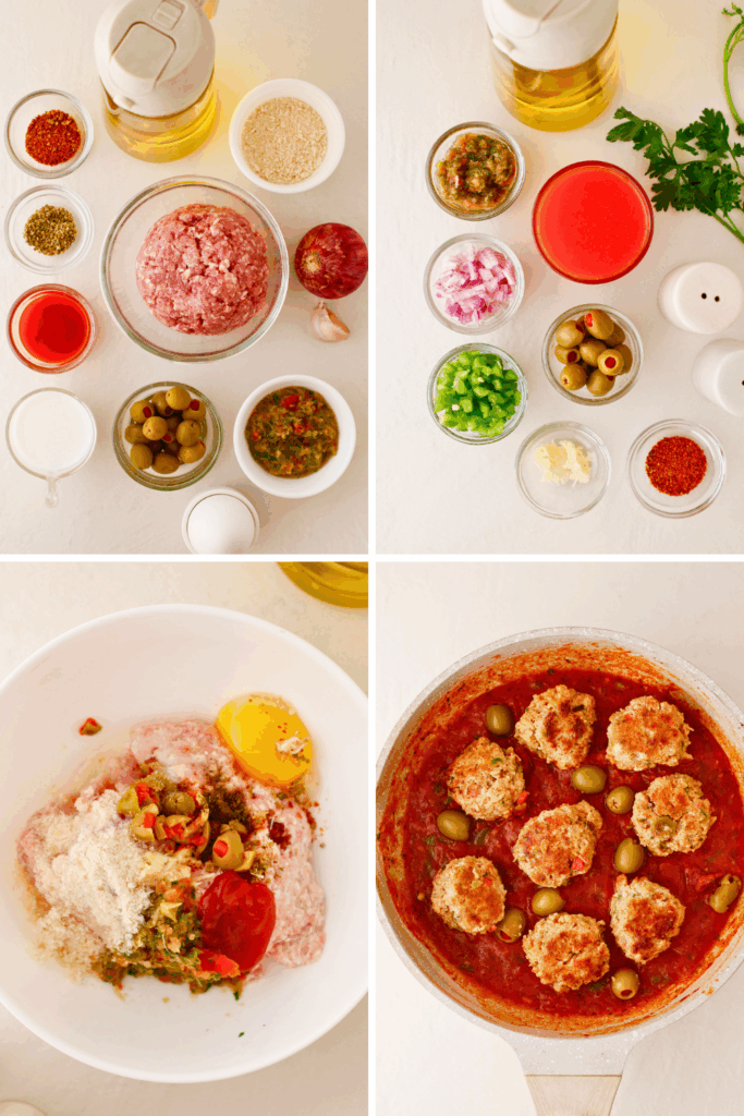 Step-by-step preparation of Puerto Rican meatballs, also known as albondigas guisadas, showing ingredients, seasoned ground beef mixture, and meatballs simmering in tomato sauce with sofrito and olives