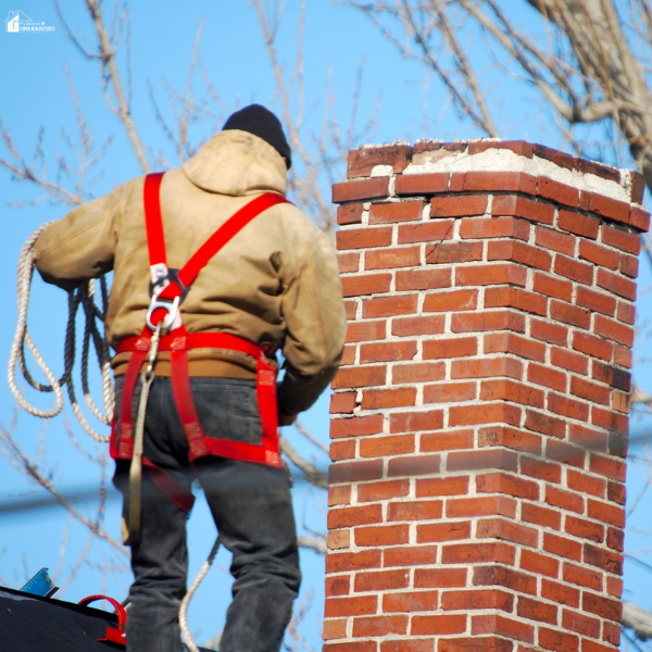 A wildlife control professional inspects a residential chimney while wearing safety gear to prevent animal intrusions.