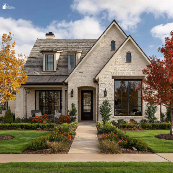A well-maintained front yard with fresh mulch, trimmed shrubs, and vibrant flowers, enhancing the home's curb appeal.