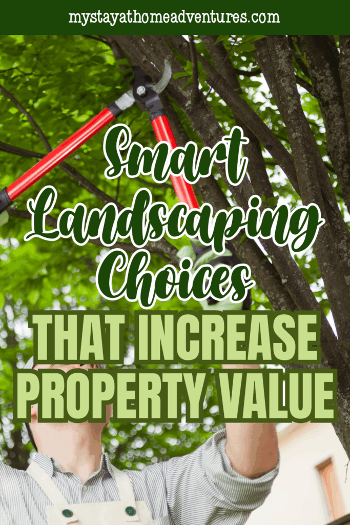 A person pruning branches with red-handled loppers, highlighting a smart landscaping task that supports property value growth.