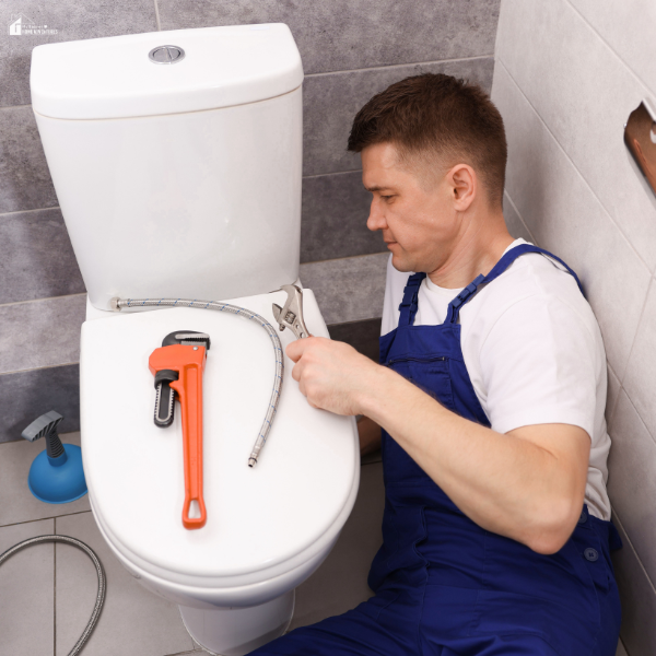 A plumber fixing a toilet issue, representing a common plumbing problem homeowners face after moving in.