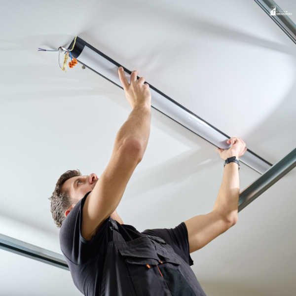 A man installing a ceiling light, highlighting electrical setup challenges new homeowners often encounter.