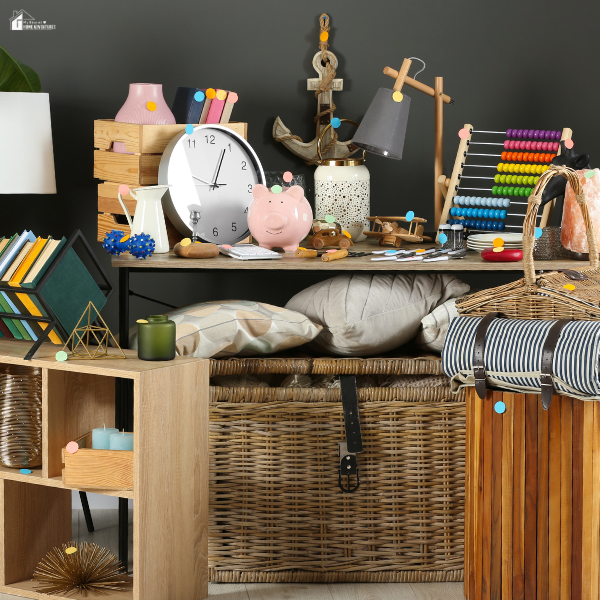 A cluttered table filled with decor, storage baskets, and small home items, showing common possessions people often overlook when needing extra funds.