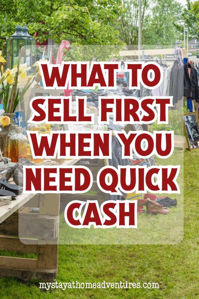 An outdoor setup with tables of used clothing and home goods, illustrating practical ways to turn unused items into immediate income.