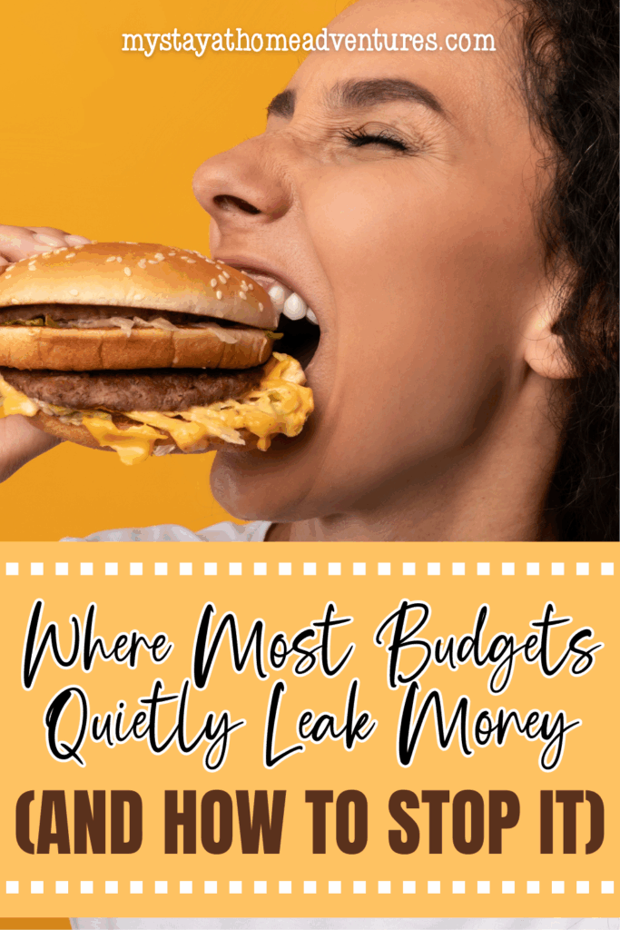 A woman takes a bite of fast food, symbolizing impulse spending habits that often go unnoticed in daily routines.