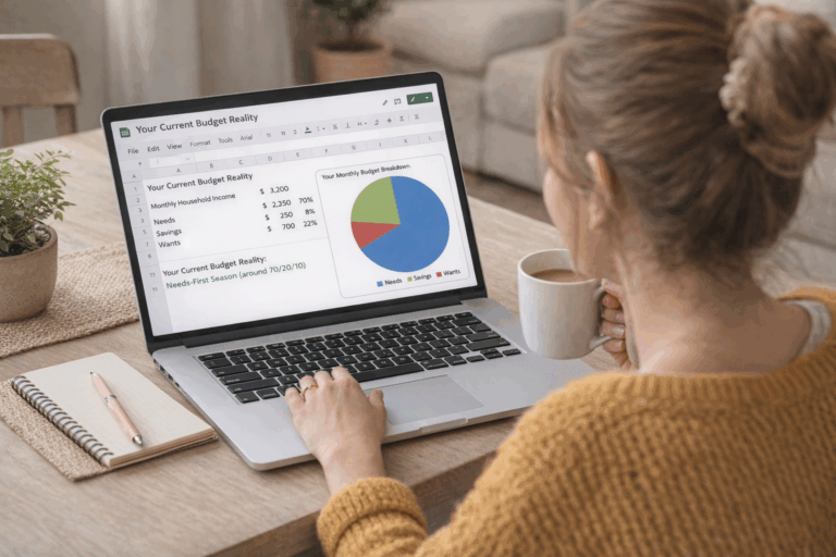 woman drinking coffee and looking at the budget spreadsheet