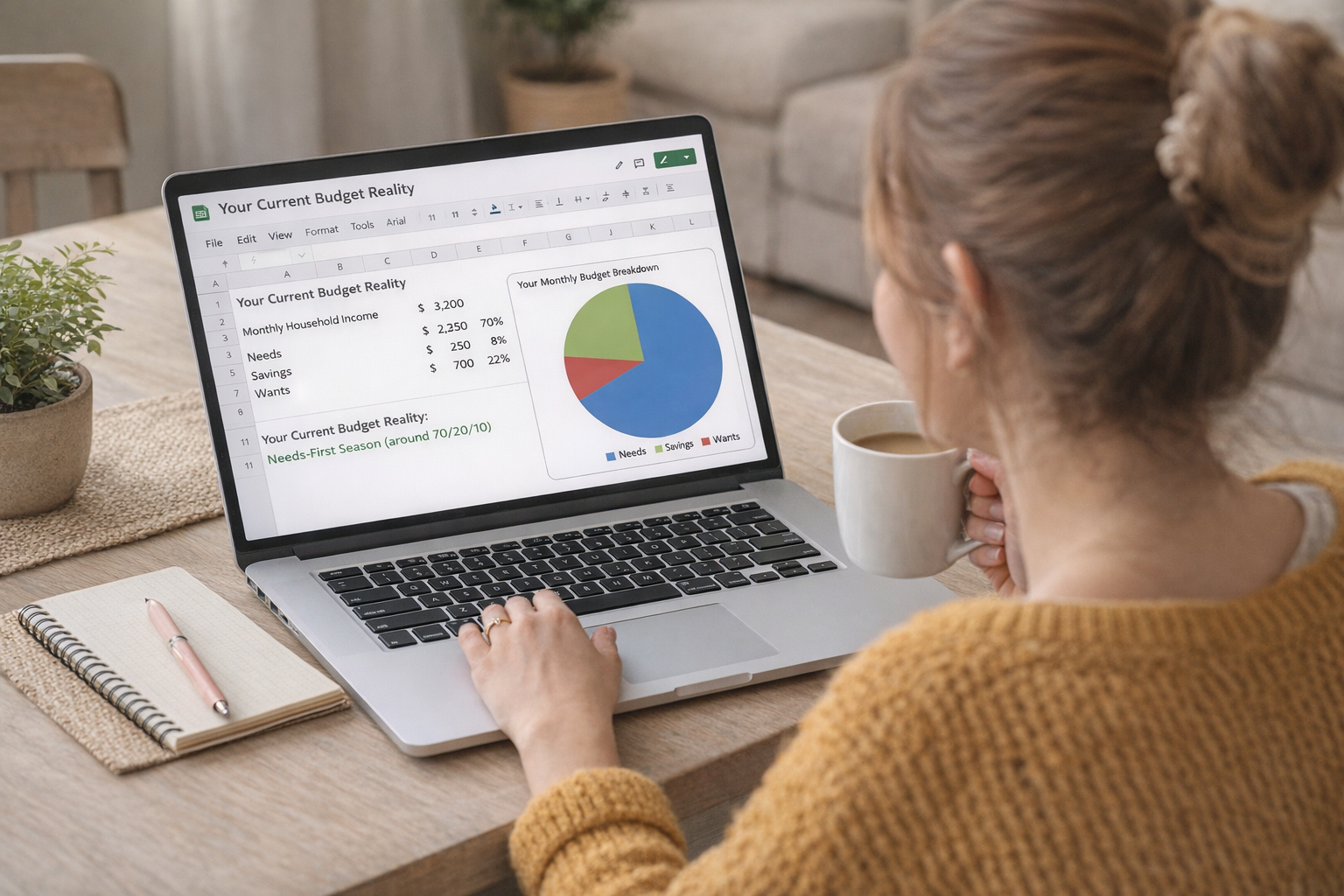 woman drinking coffee and looking at the budget spreadsheet