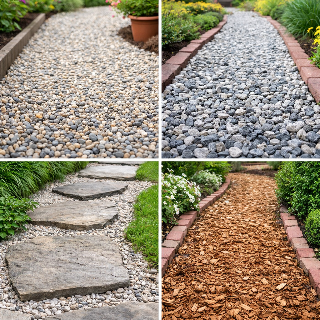 Budget friendly garden walkway showing pea gravel, crushed stone, stepping stone path, and mulch border designs for a low cost DIY yard path.