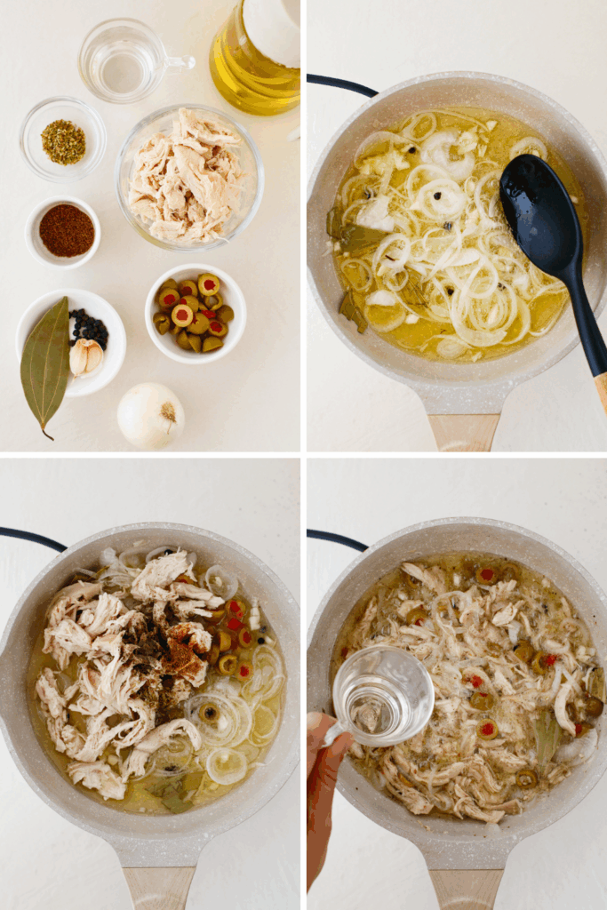 Step-by-step preparation of pollo en escabeche showing shredded chicken, onions, olives, spices, olive oil, and vinegar simmering together for a Puerto Rican vinegar marinated chicken recipe