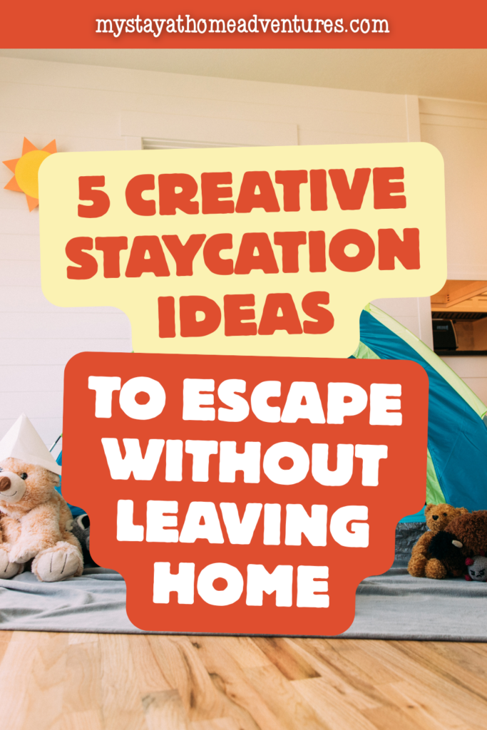 Indoor tent set up in a living room with stuffed animals and cozy bedding, illustrating a fun backyard camping-style staycation idea at home.