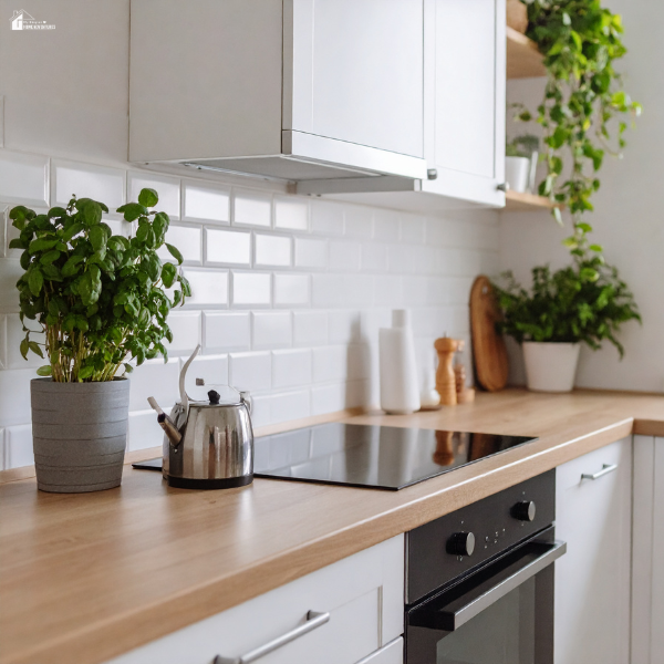 Bright kitchen with clean countertops, white cabinetry, and potted plants, illustrating small design changes that elevate interior style.