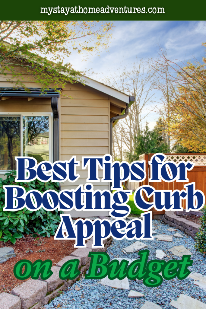 Side yard with a stone pathway, mulch beds, and trimmed shrubs, highlighting low-cost improvements that enhance overall curb appeal and first impressions.