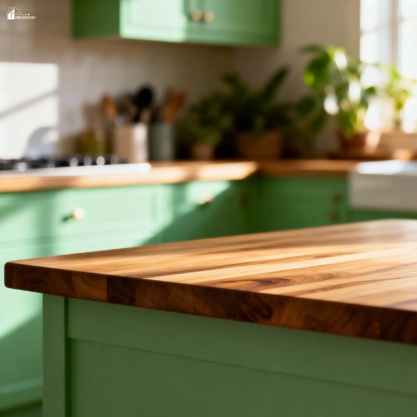 Close-up of a striped butcher block countertop in a kitchen with green cabinets, highlighting warm wood tones and bold grain patterns.