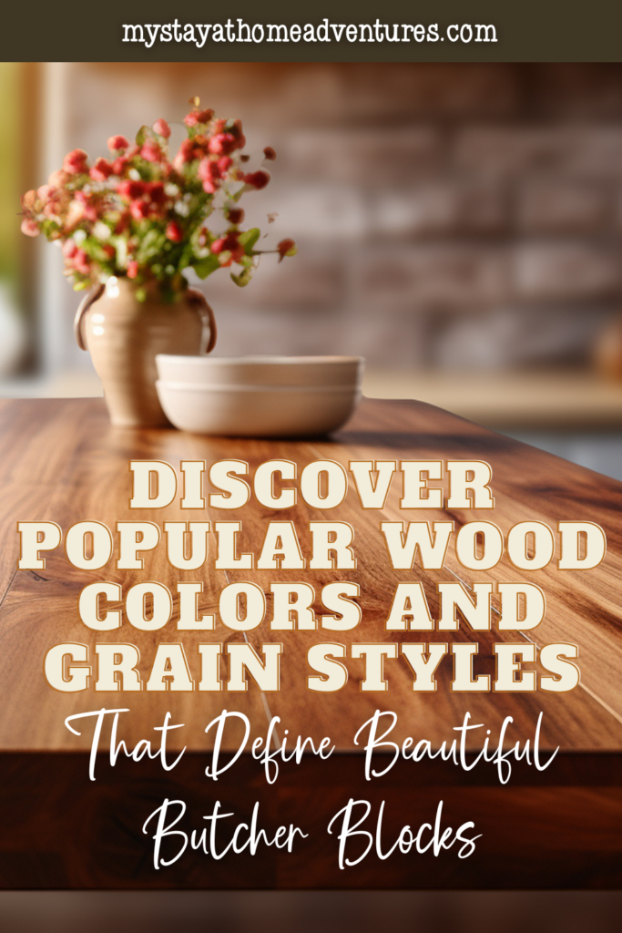 Rich-toned butcher block surface with visible grain variation, styled with a small vase and bowl to emphasize natural wood color differences.