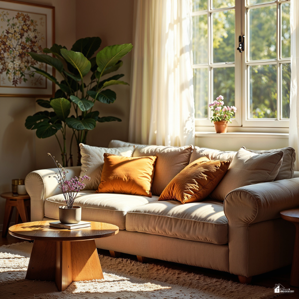 Sunlit living area with neutral sofa, warm accent pillows, wooden coffee table, and large leafy plants forming a welcoming summer-inspired garden room.
